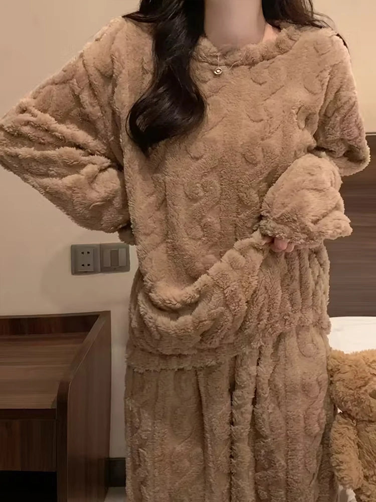 Ensemble Pyjama Flanelle Polaire Femme — Haut Col Rond & Pantalon Chaud