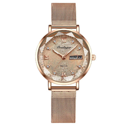 Montre Femme Quartz POEDAGAR 3012 — Acier Inoxydable, Aiguilles Lumineuses, Date & Jour, 3 ATM