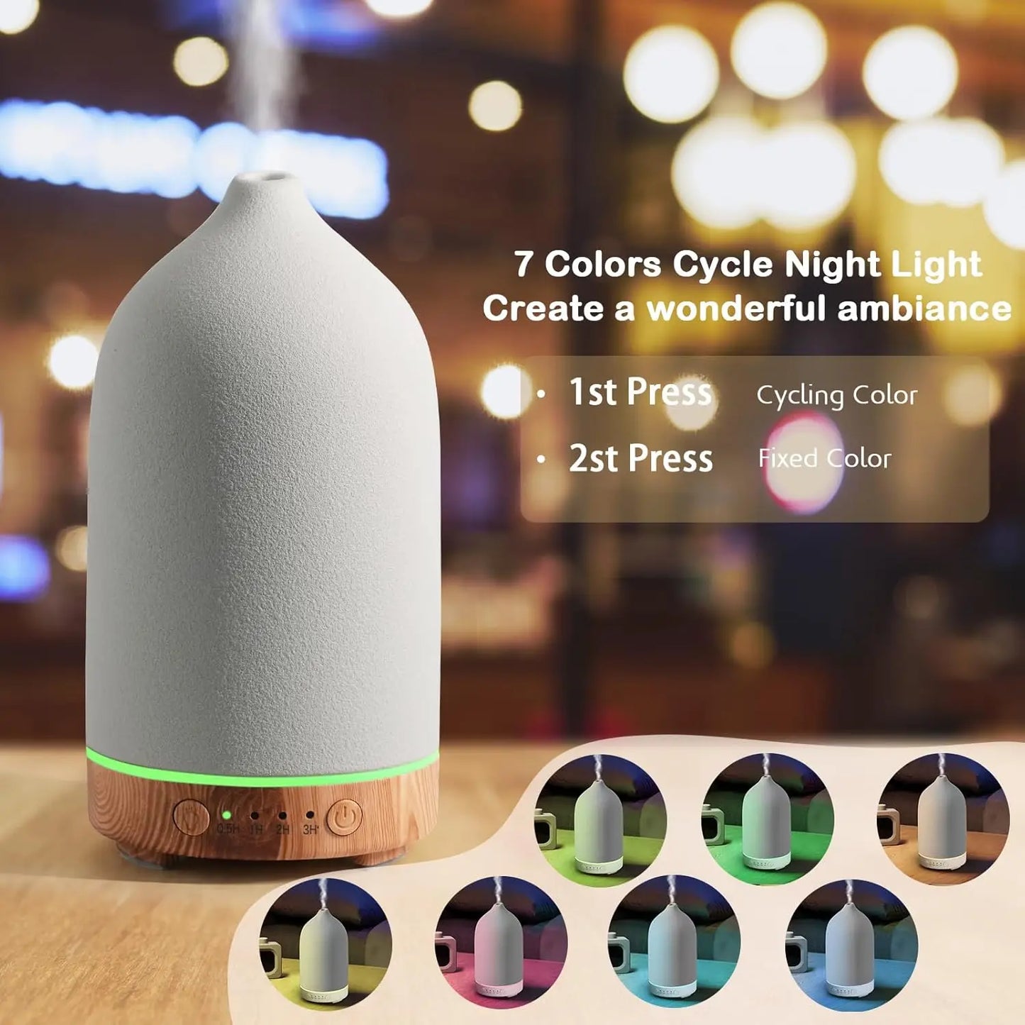 Diffuseur Aromathérapie Céramique 100ml — Ultrasonique, Minuterie 1H/2H & Veilleuse LED 7 Couleurs