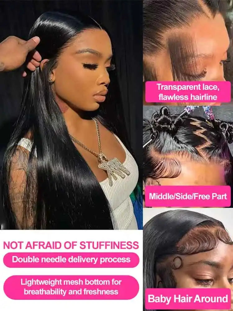 40 42 pouces os droit perruques de cheveux humains 13x6 HD Transparent dentelle frontale perruques sans colle droite dentelle avant perruques de cheveux humains