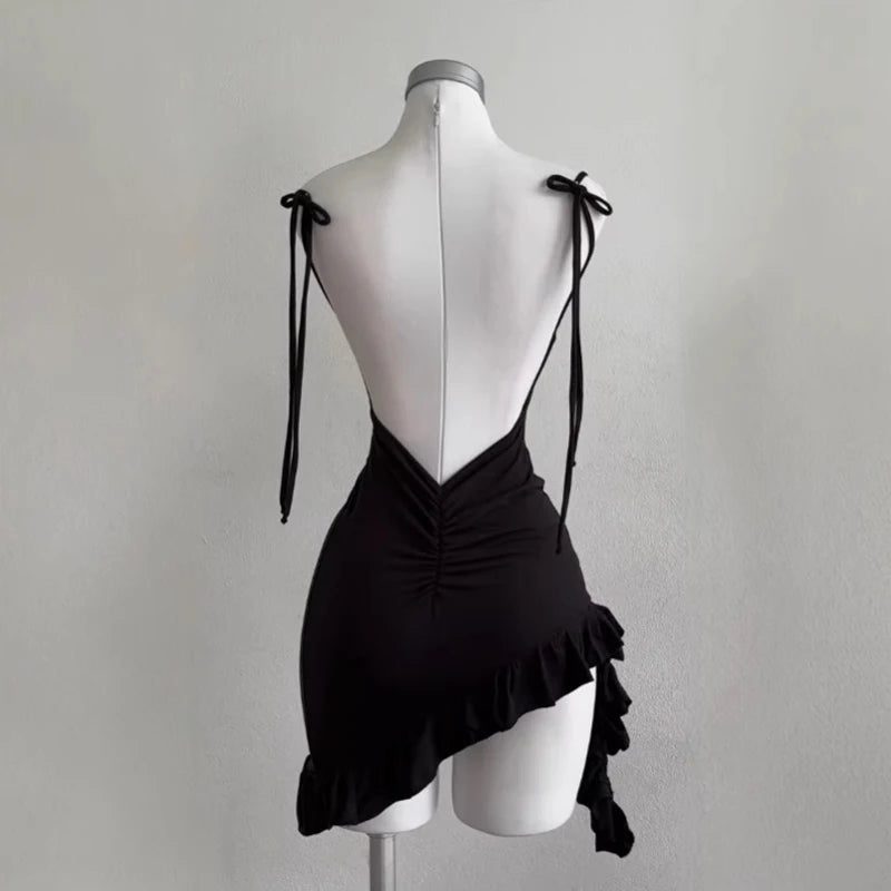 Mini Robe Noire Sexy — Dos Nu, Sans Bretelles, Lacets, Ligne A, Club & Soirée | TechNova X