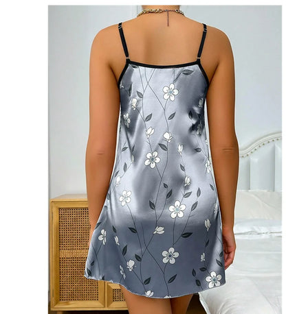 Robe de nuit en satin à imprimé floral pour femme, confortable, bretelles spaghetti, luxueuse, slip