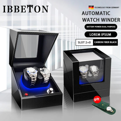 Remontoir de Montre IBBETON — Fibre de Carbone & Bois, Moteur Mabuchi Silencieux, LED