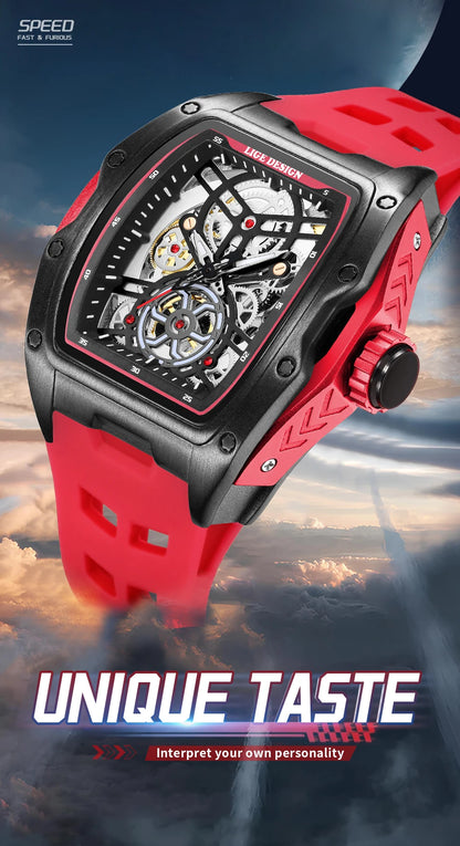 Montre Mécanique Homme Squelette — Boîtier Carré Acier, Automatique, Étanche 3 ATM, Bracelet Silicone | TechNova X