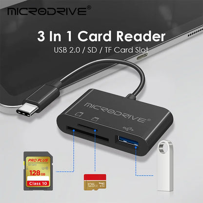 Type USB C HUB 3 en 1 pour carte mémoire/flash USB/adaptateur de carte SD/USB 2.0/3.0/lecteur de carte Micro Mini SD/carte TF 3 emplacements