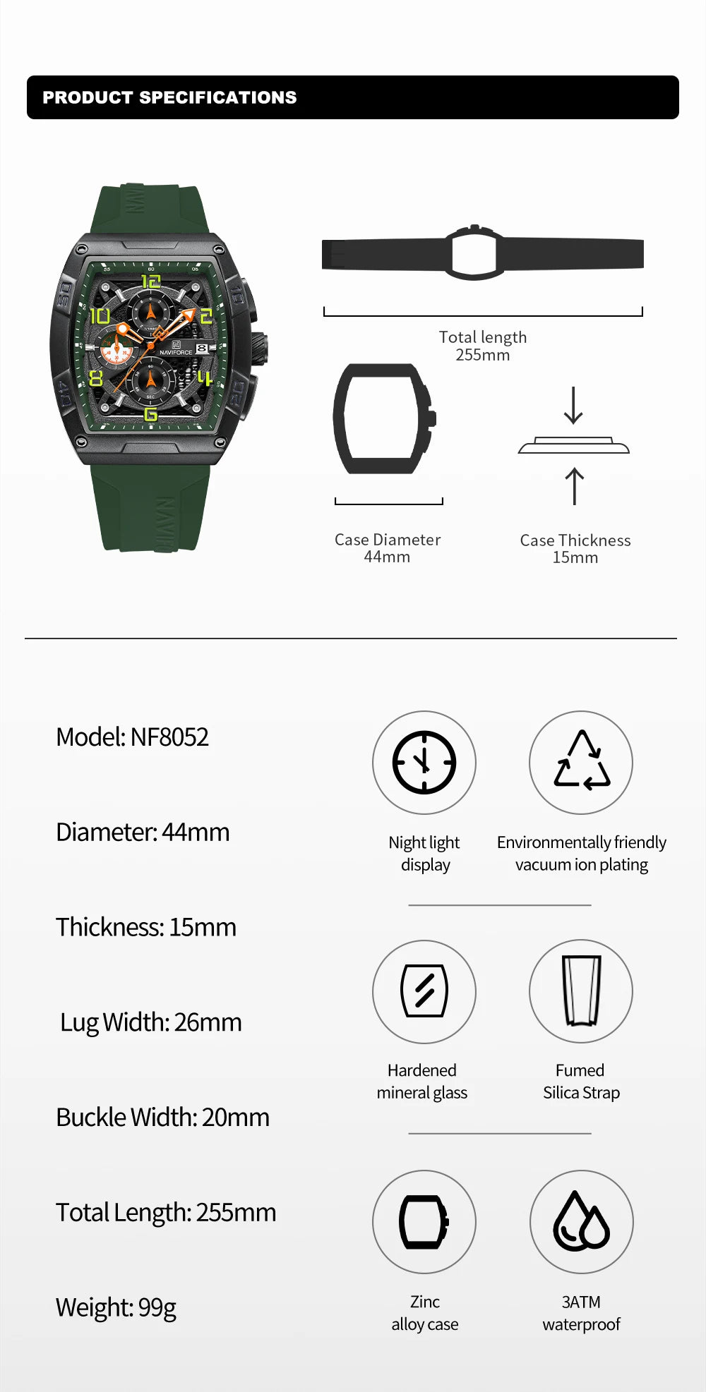 Montre Quartz Sport Homme NAVIFORCE NF8052 — Grand Cadran 44 mm, Chronographe, Aiguilles Lumineuses, Bracelet Silicone, 13 Coloris | TechNova X