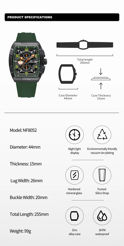 Montre Quartz Sport Homme NAVIFORCE NF8052 — Grand Cadran 44 mm, Chronographe, Aiguilles Lumineuses, Bracelet Silicone, 13 Coloris | TechNova X