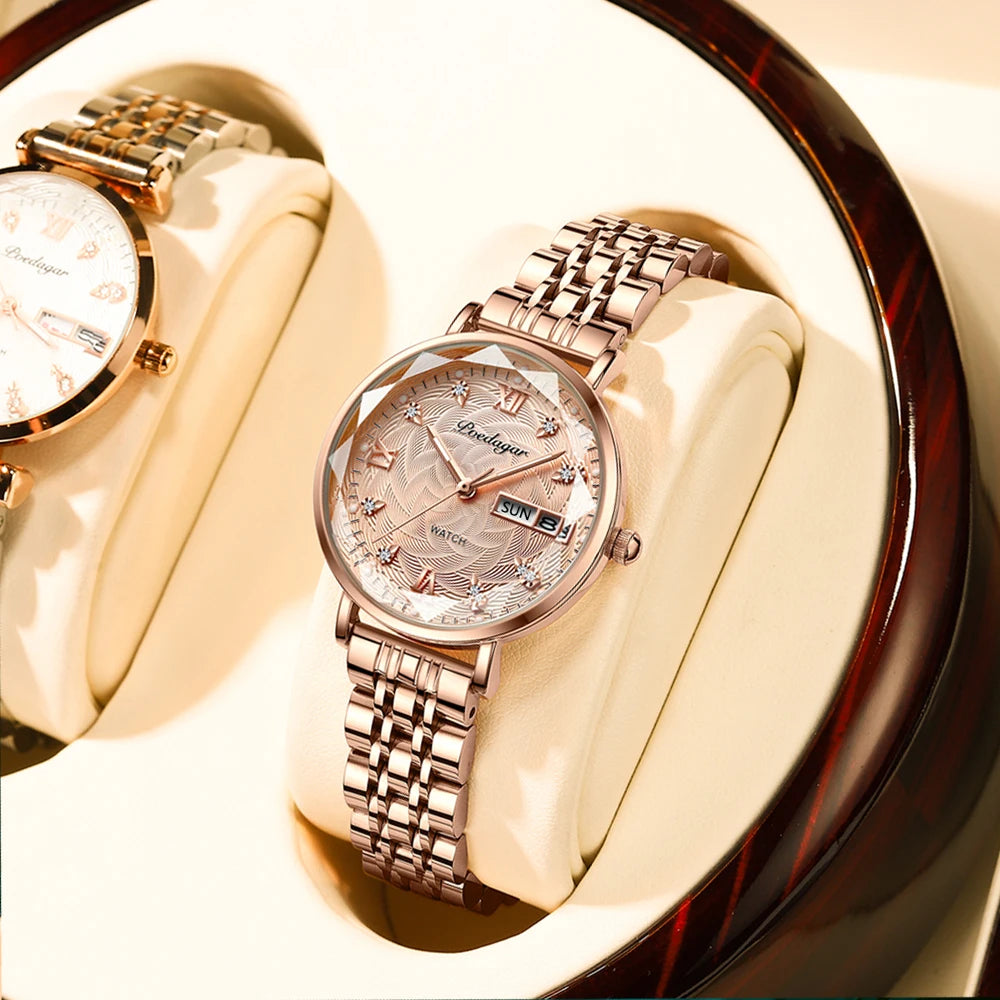Montre Femme Quartz POEDAGAR 3012 — Acier Inoxydable, Aiguilles Lumineuses, Date & Jour, 3 ATM