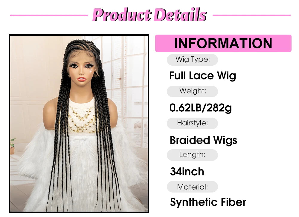 Perruque tressée synthétique pleine dentelle Cornrow Box 34 pouces dentelle frontale Crochet déesse tresses perruque pour les femmes noires africaines