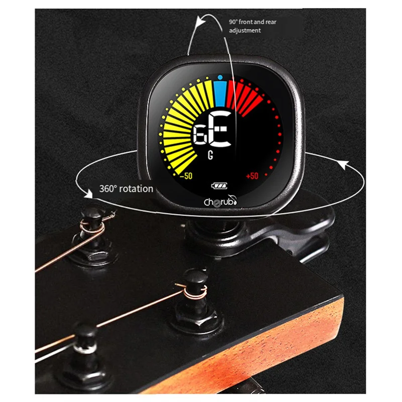 Accordeur de guitare Cherub supérieur, accordeur multifonction à clipser avec écran couleur LED pour violon ukulélé Rechargeable