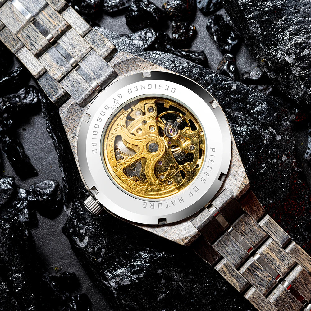 Montre Mécanique en Bois Homme BOBO BIRD — Squelette Lumineux, Étanche 3 ATM, Gravure Personnalisée, 6 Modèles | TechNova X