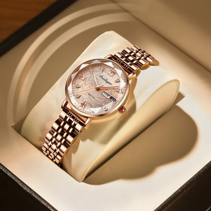 Montre Femme Quartz POEDAGAR 3012 — Acier Inoxydable, Aiguilles Lumineuses, Date & Jour, 3 ATM