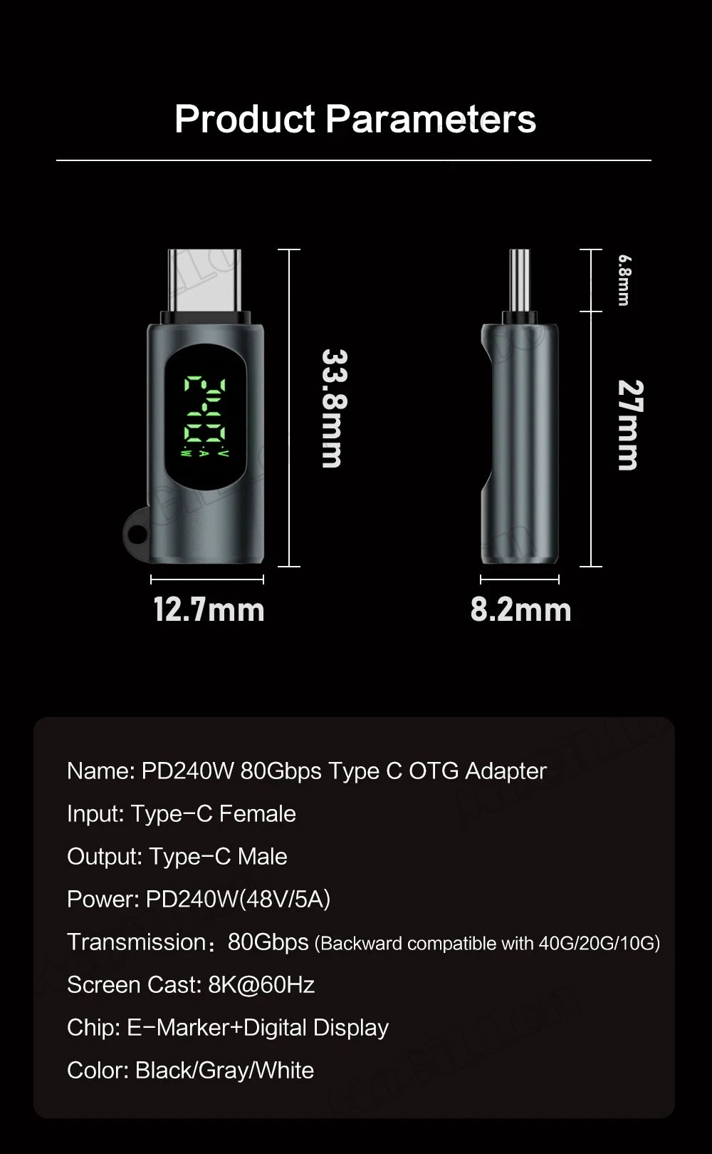 Adaptateur USB 4.0 Type C avec affichage numérique PD240W 80Gbps 8K @ 60Hz, adaptateur USB C mâle vers femelle pour Macbook iPhone Samsung Xiaomi