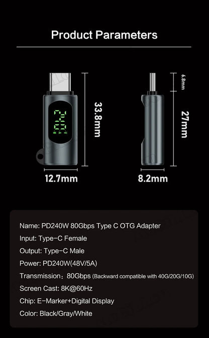 Adaptateur USB 4.0 Type C avec affichage numérique PD240W 80Gbps 8K @ 60Hz, adaptateur USB C mâle vers femelle pour Macbook iPhone Samsung Xiaomi