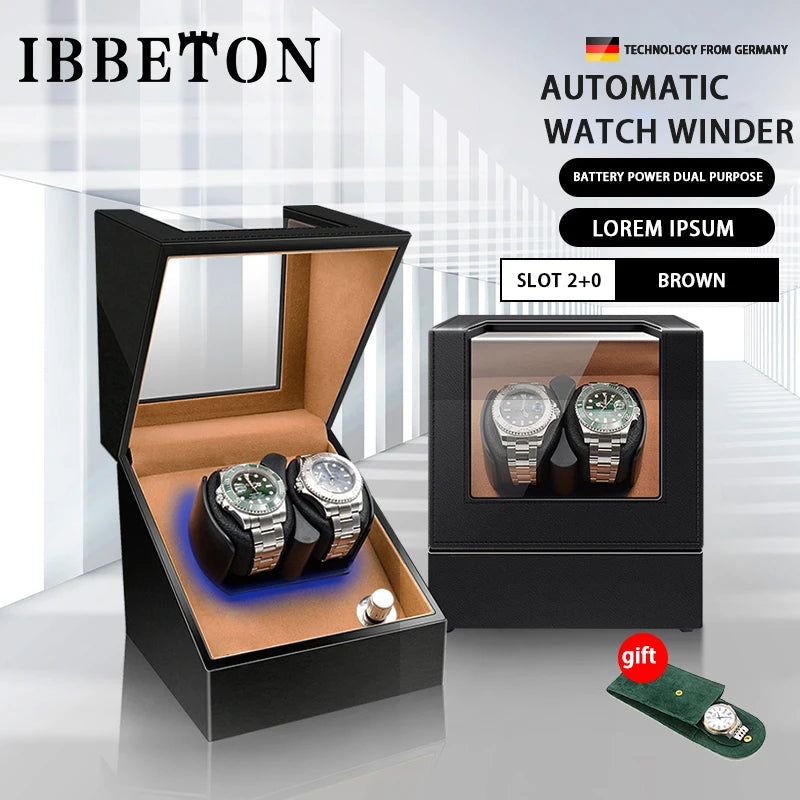 Remontoir de Montre IBBETON — Fibre de Carbone & Bois, Moteur Mabuchi Silencieux, LED