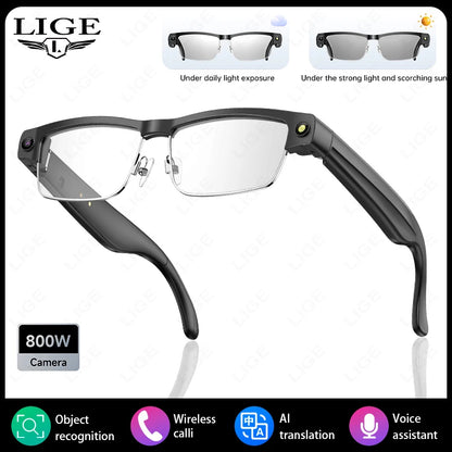 LIGE 800W HD Camera Smart Glasses 1200P HD Video Recording Chat Translation Voice Control Calling Sunglasses Color-Changing Lenses
