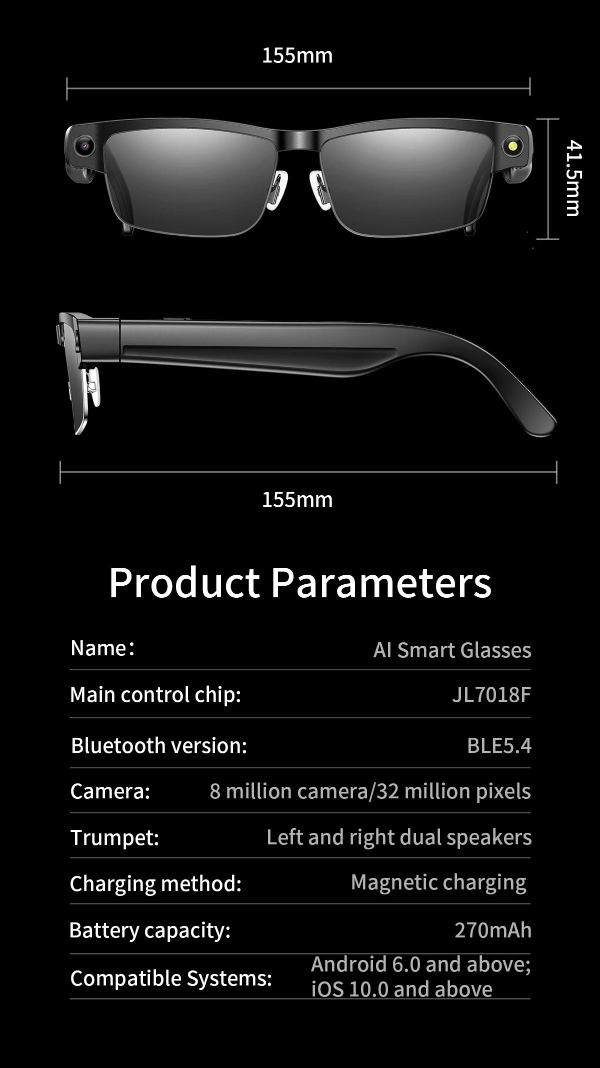 LIGE 800W HD Camera Smart Glasses 1200P HD Video Recording Chat Translation Voice Control Calling Sunglasses Color-Changing Lenses