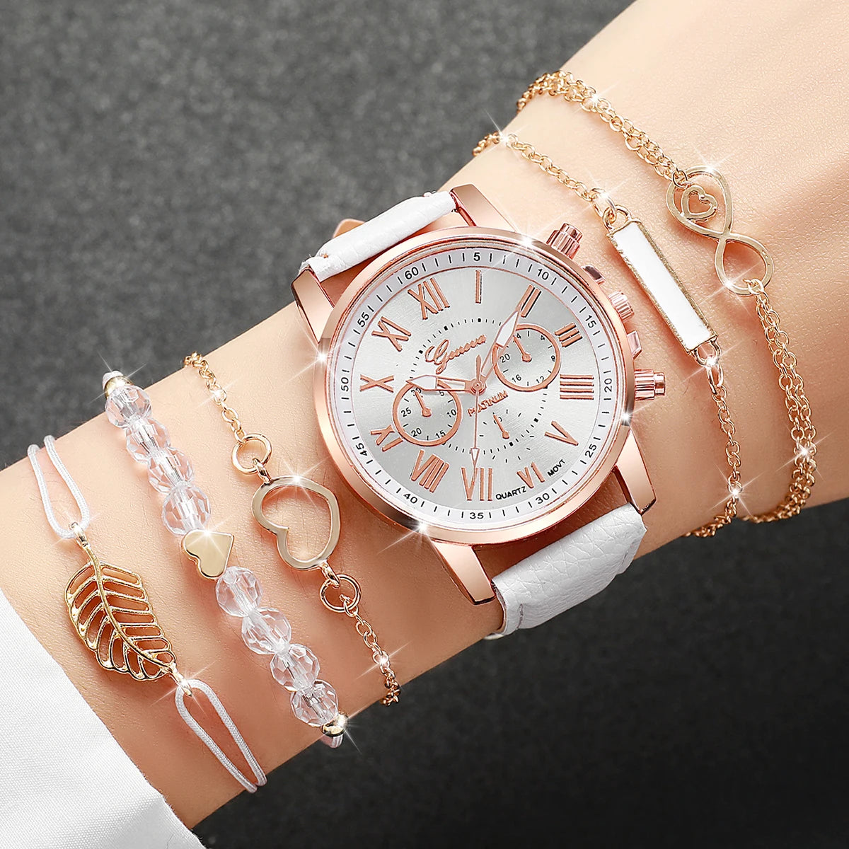 Coffret 6 Pièces Femme Style Roma — Montre Quartz Chiffres Romains 42mm + 5 Bracelets Cuir Interchangeables