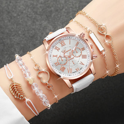 Coffret 6 Pièces Femme Style Roma — Montre Quartz Chiffres Romains 42mm + 5 Bracelets Cuir Interchangeables