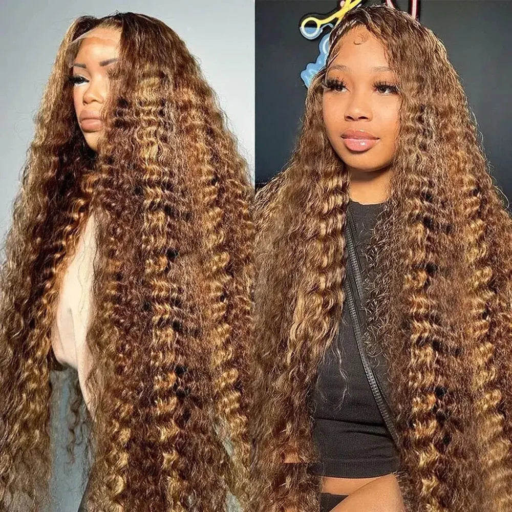 Perruque Lace Frontal Wig naturelle bouclée à reflets, cheveux humains, 13x4, sans colle, HD, Deep Wave, 4/27, colorée, pre-plucked