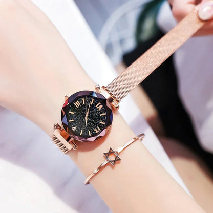 Montre Quartz Femme RUNERR — Cadran Ciel Étoilé 33 mm, Bracelet Magnétique Maille Acier Ajustable, Lumineux, 5 Coloris | TechNova X