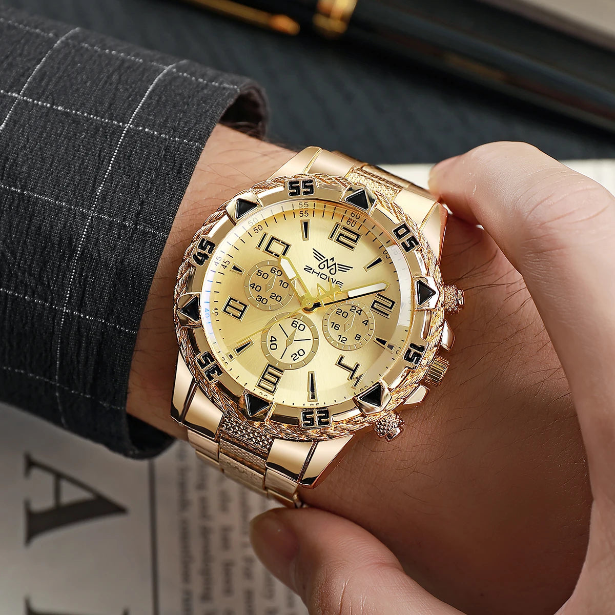 Montre Homme Quartz Grand Cadran — Bracelet Alliage Doré, Chiffres Arabes, Style Rock Luxe