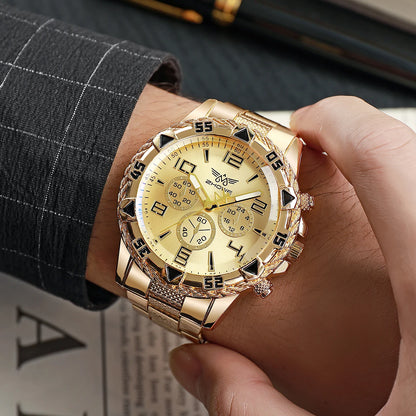 Montre Homme Quartz Grand Cadran — Bracelet Alliage Doré, Chiffres Arabes, Style Rock Luxe