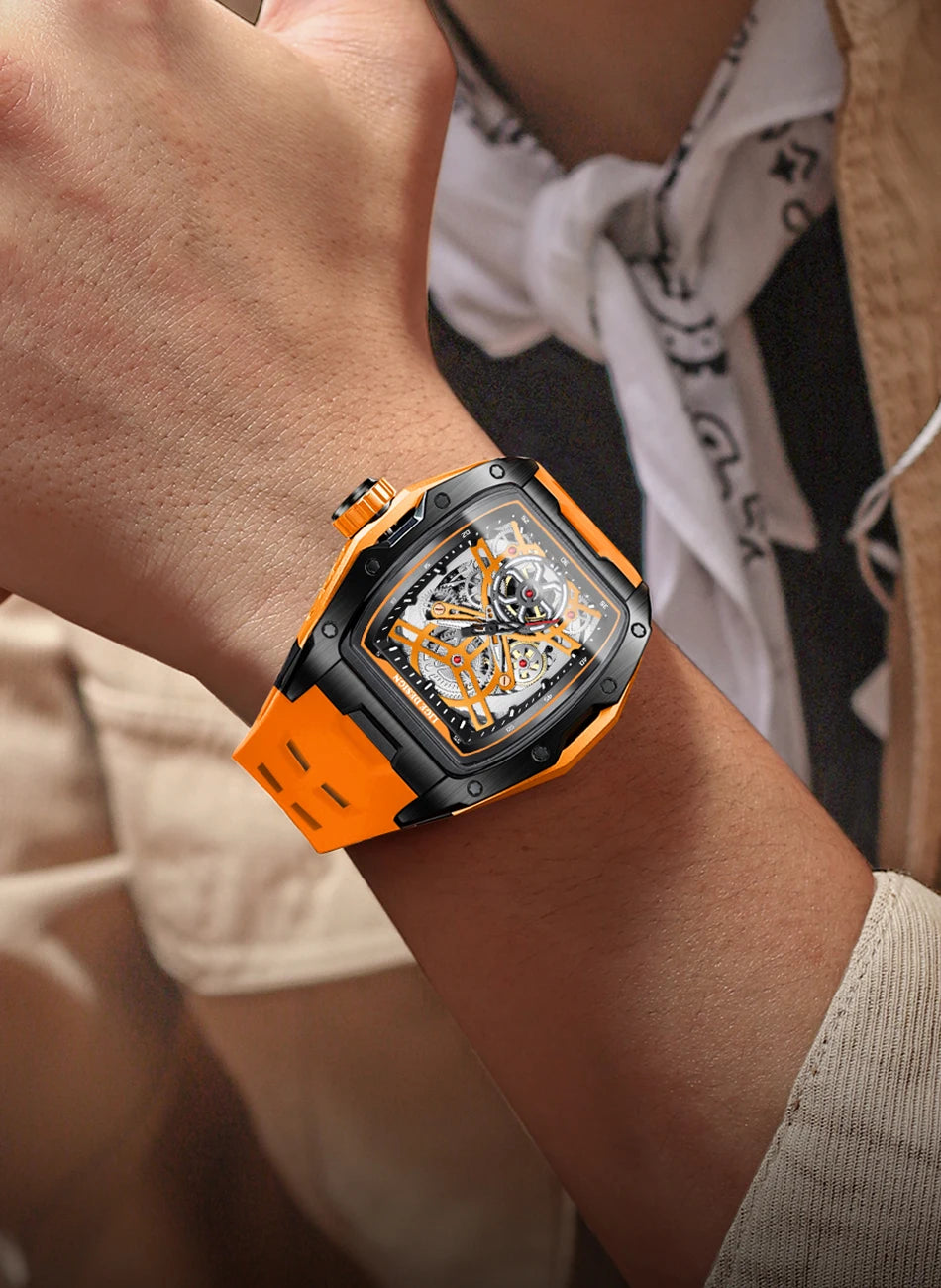 Montre Mécanique Automatique Homme LIGE — Squelette Tourbillon, Boîtier Carré, Étanche 3 ATM, 4 Coloris | TechNova X