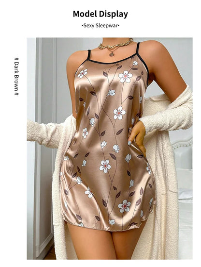 Robe de nuit en satin à imprimé floral pour femme, confortable, bretelles spaghetti, luxueuse, slip