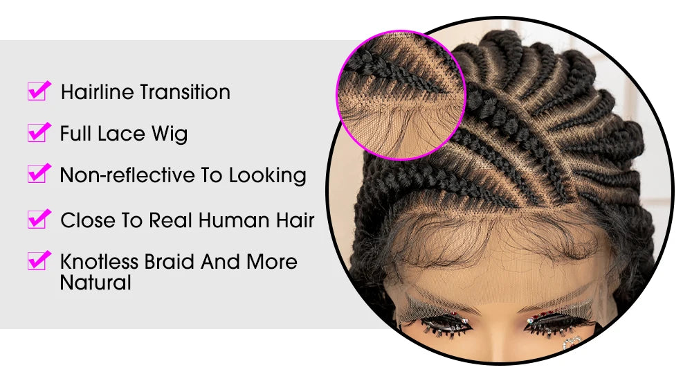 Perruque tressée synthétique pleine dentelle Cornrow Box 34 pouces dentelle frontale Crochet déesse tresses perruque pour les femmes noires africaines