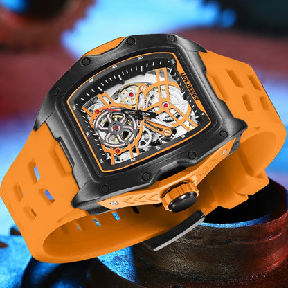 Montre Mécanique Homme Squelette — Boîtier Carré Acier, Automatique, Étanche 3 ATM, Bracelet Silicone | TechNova X