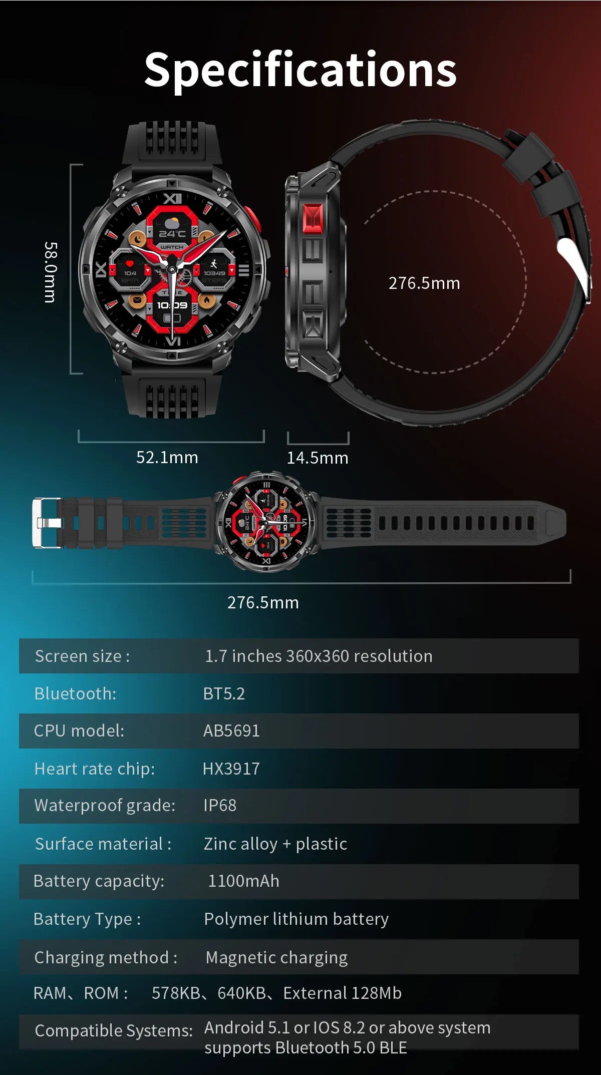Smartwatch GUHUAVMI HT33 — AMOLED Saphir 1,7", Batterie 1100mAh, 100+ Sports, IP68