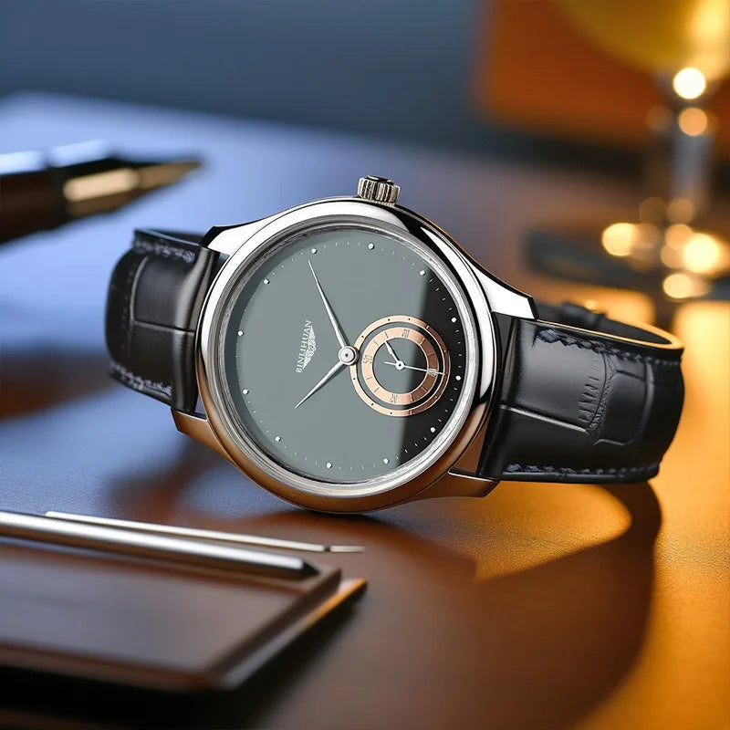 Montre Homme Quartz BEE SHIRLEY — Bracelet Cuir Noir, Cadran Minimaliste 40mm, Style Luxe Robe