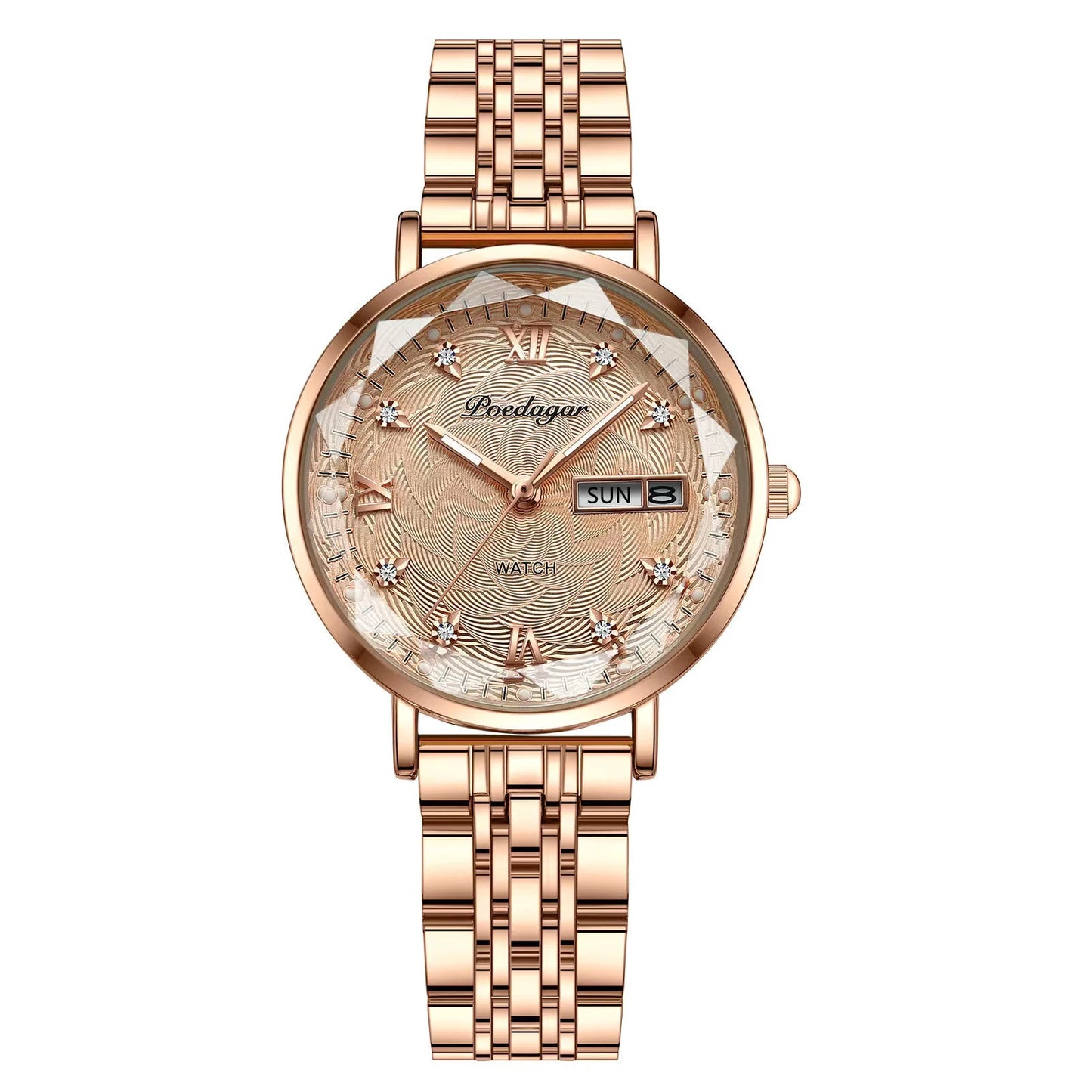 Montre Femme Quartz POEDAGAR 3012 — Acier Inoxydable, Aiguilles Lumineuses, Date & Jour, 3 ATM