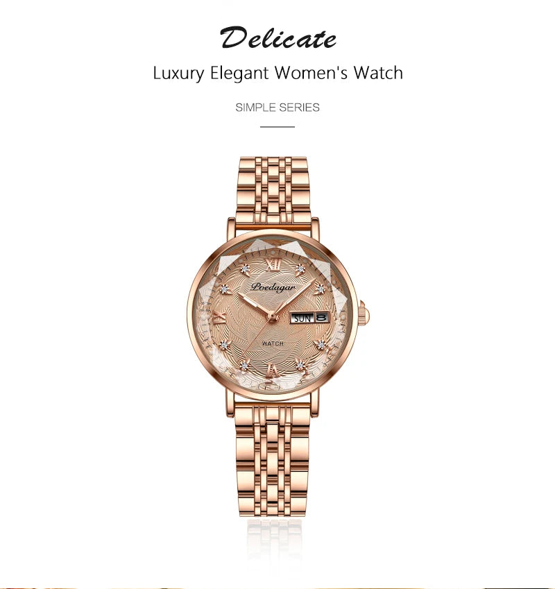 Montre Femme Quartz POEDAGAR 3012 — Acier Inoxydable, Aiguilles Lumineuses, Date & Jour, 3 ATM