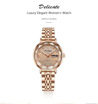 Montre Femme Quartz POEDAGAR 3012 — Acier Inoxydable, Aiguilles Lumineuses, Date & Jour, 3 ATM