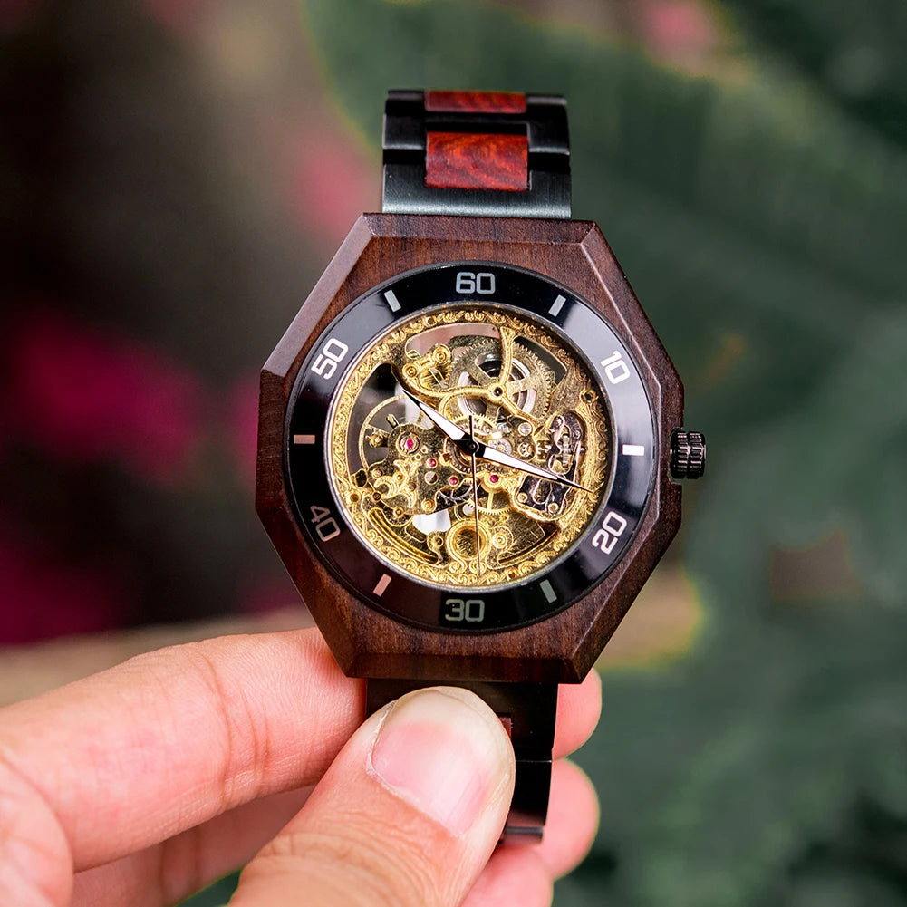 Montre Mécanique en Bois Homme BOBO BIRD — Squelette Lumineux, Étanche 3 ATM, Gravure Personnalisée, 6 Modèles | TechNova X