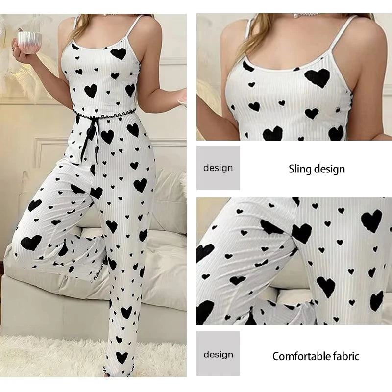 Ensemble deux pièces en soie glacée côtelée pour femmes, gilet imprimé Sexy et pantalon Long avec décoration de nœud, ensemble de vêtements de nuit décontractés pour la maison