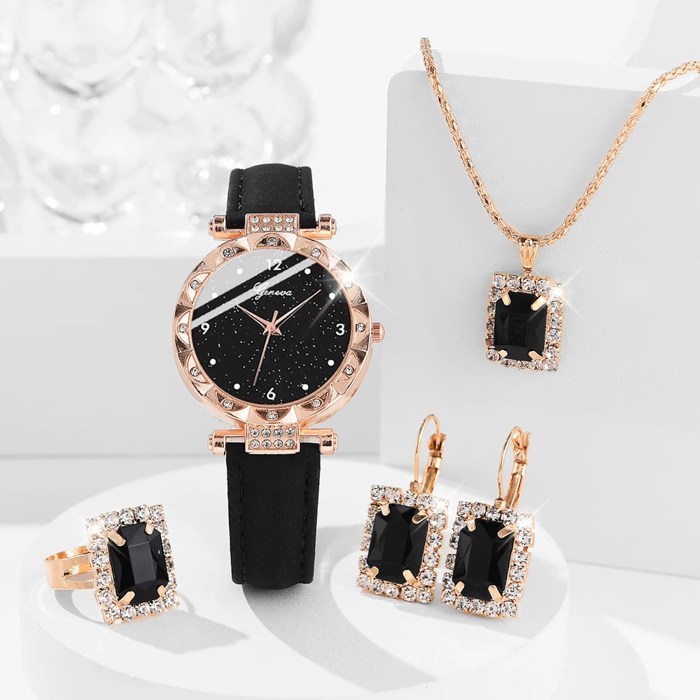 Coffret Bijoux Femme 5 Pièces Strass — Montre Quartz Cuir, Bague, Collier & Boucles d’Oreilles