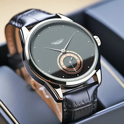 Montre Homme Quartz BEE SHIRLEY — Bracelet Cuir Noir, Cadran Minimaliste 40mm, Style Luxe Robe