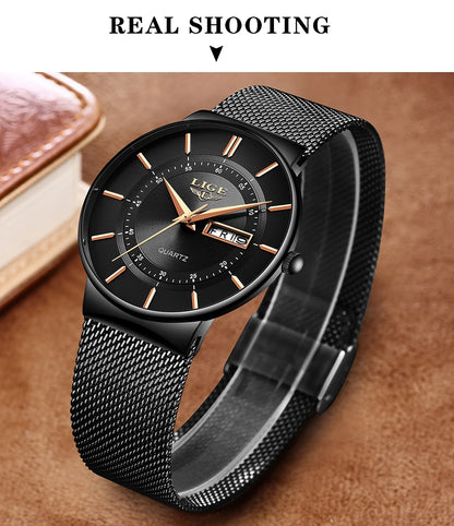 Montre Homme LIGE 9949 — Quartz Ultra-Fine, Bracelet Acier Inox, Date & Semaine, 3 ATM