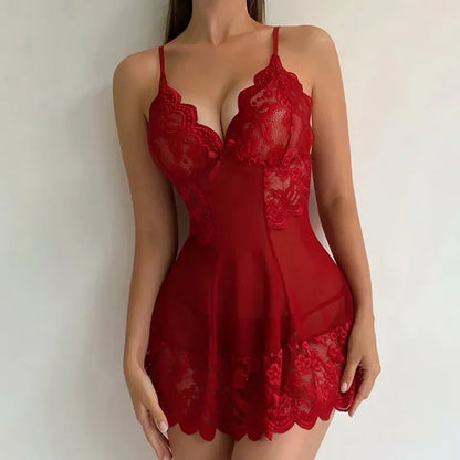Ensemble de Lingerie Sexy en dentelle, chemise de nuit courte pour femmes, sous-vêtements en Perspective, robe Slim à bretelles, Costume exotique Lolita, vêtements de nuit Sexy