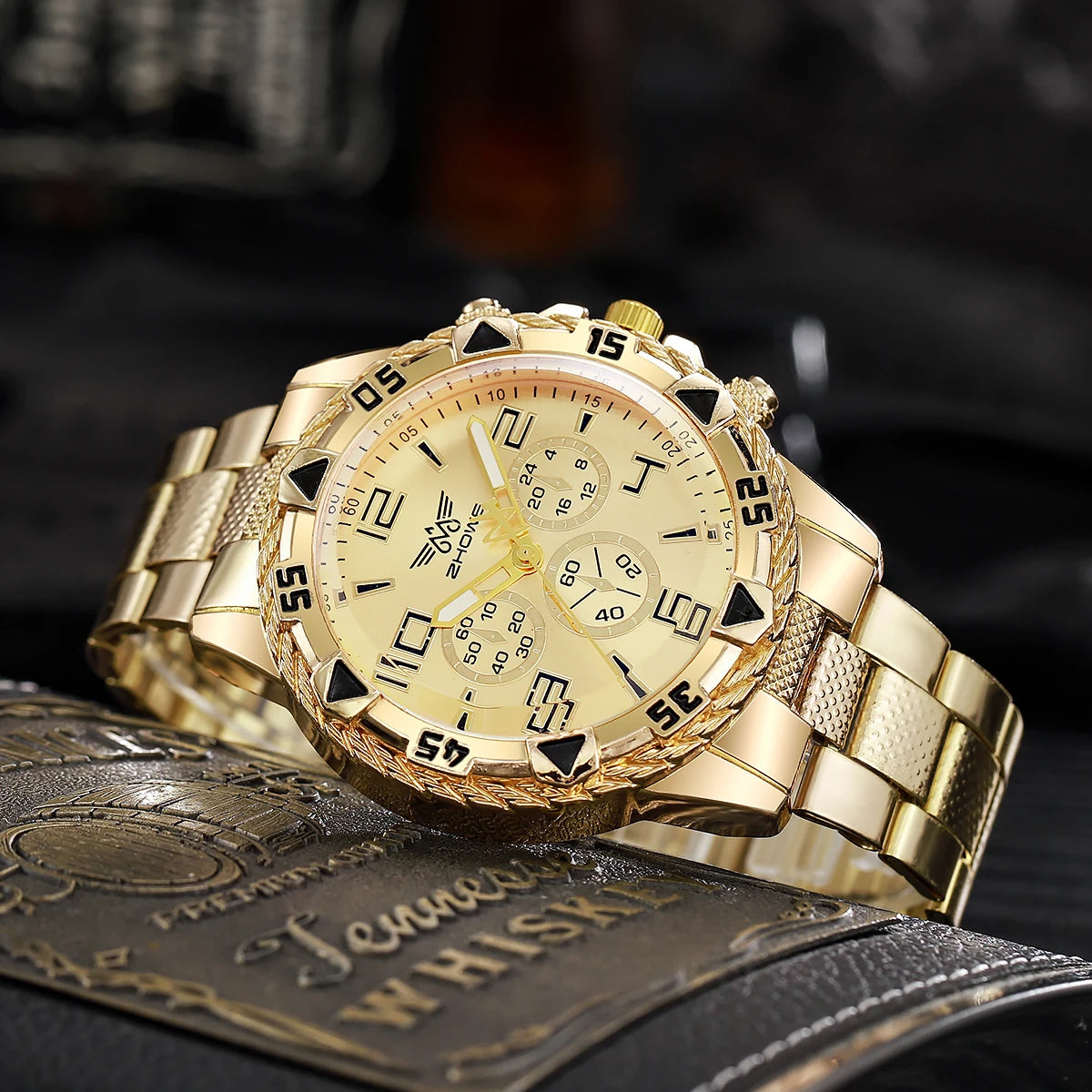 Montre Homme Quartz Grand Cadran — Bracelet Alliage Doré, Chiffres Arabes, Style Rock Luxe