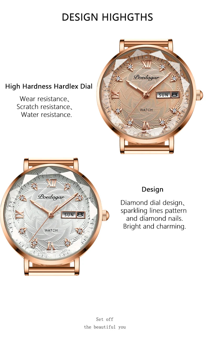 Montre Femme Quartz POEDAGAR 3012 — Acier Inoxydable, Aiguilles Lumineuses, Date & Jour, 3 ATM