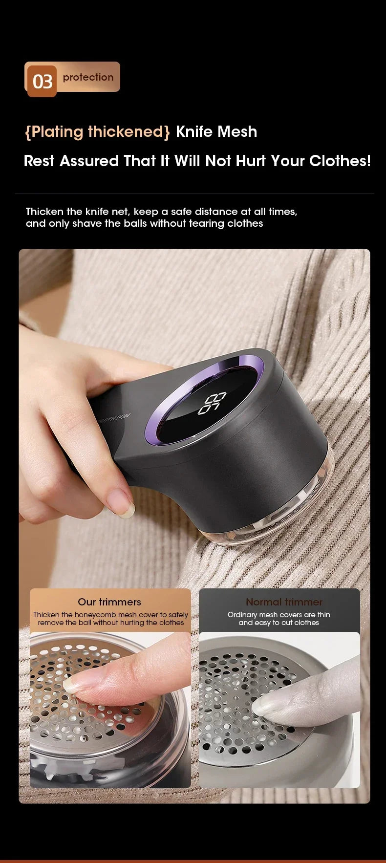 Rasoir Anti-Bouloches Électrique Rechargeable USB — 8000 tr/min, Lame 6 Feuilles & Affichage Numérique