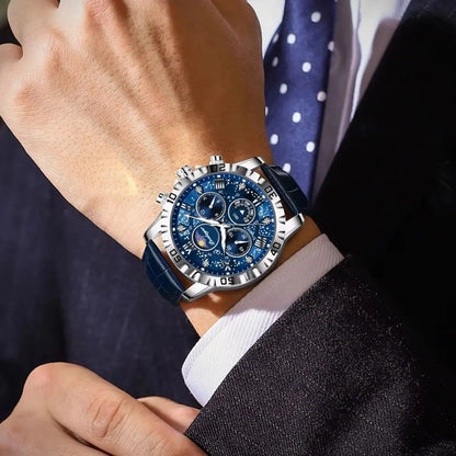 Montre Quartz Luxe Homme POEDAGAR 973 — Chronographe Lumineux, Verre Saphir, Bracelet Cuir, 3 ATM, 7 Coloris | TechNova X
