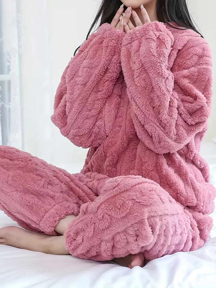 Ensemble Pyjama Flanelle Polaire Femme — Haut Col Rond & Pantalon Chaud