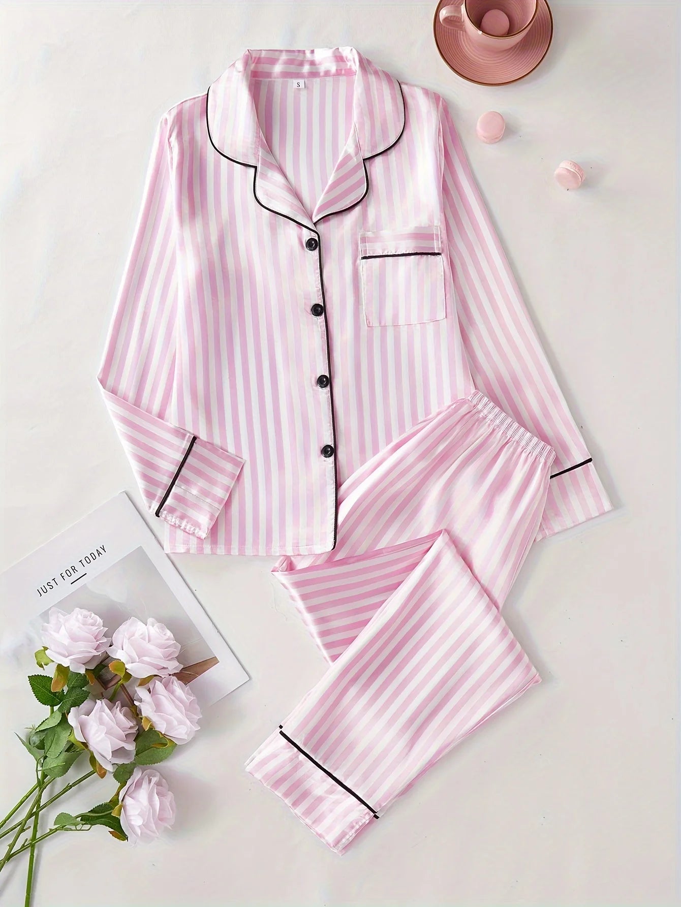 Ensemble Pyjama Satin Rayé Femme — Haut Boutons & Pantalon Long