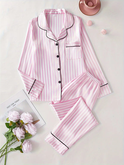 Ensemble Pyjama Satin Rayé Femme — Haut Boutons & Pantalon Long