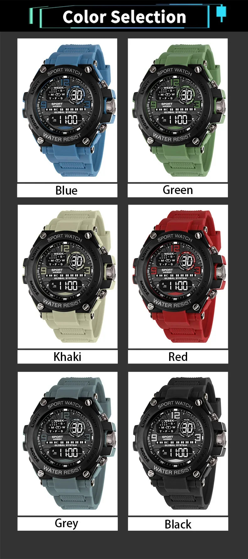 Montre Sport Digitale YIKAZE A69270 — Grand Cadran 56mm, LED, Chronomètre, Alarme, 3 ATM